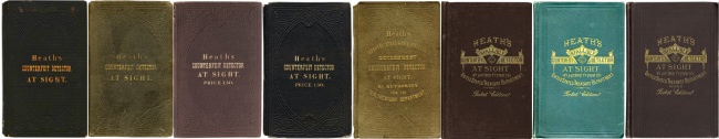 A few different bindings of Heath's Counterfeit Detector with horizontal lettering.Photos courtesy of Heritage.
